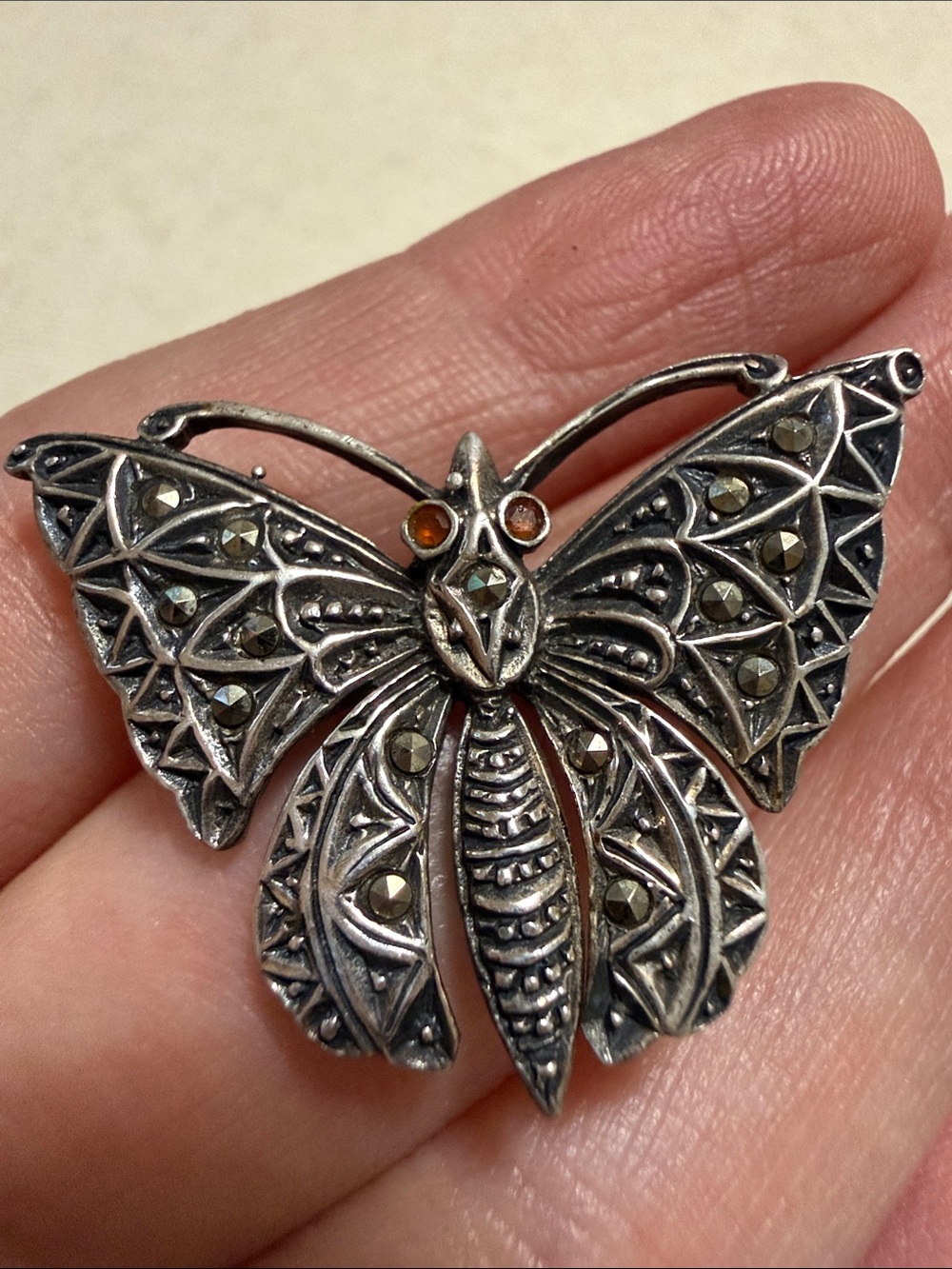 Sterling Silver 925 Marcasite Butterfly Brooch Silver with Amber Eyes